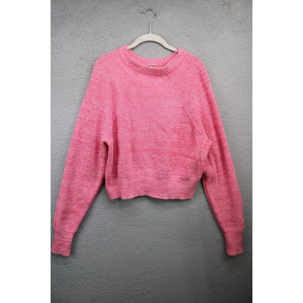 Free People Pink & White Long Puff Sleeve Sweater-Size S/P-Nice Boxy-BOHO